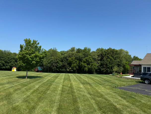 Wide residential lawn with professional mowing stripes by BDS Lawns